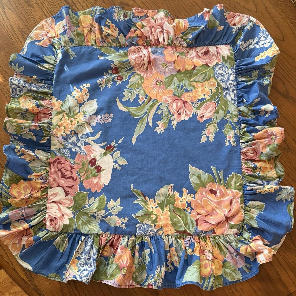 Vtg Ralph Lauren 16” Blue Floral Cotton Pillow Cover W/Ruffle Cottage
